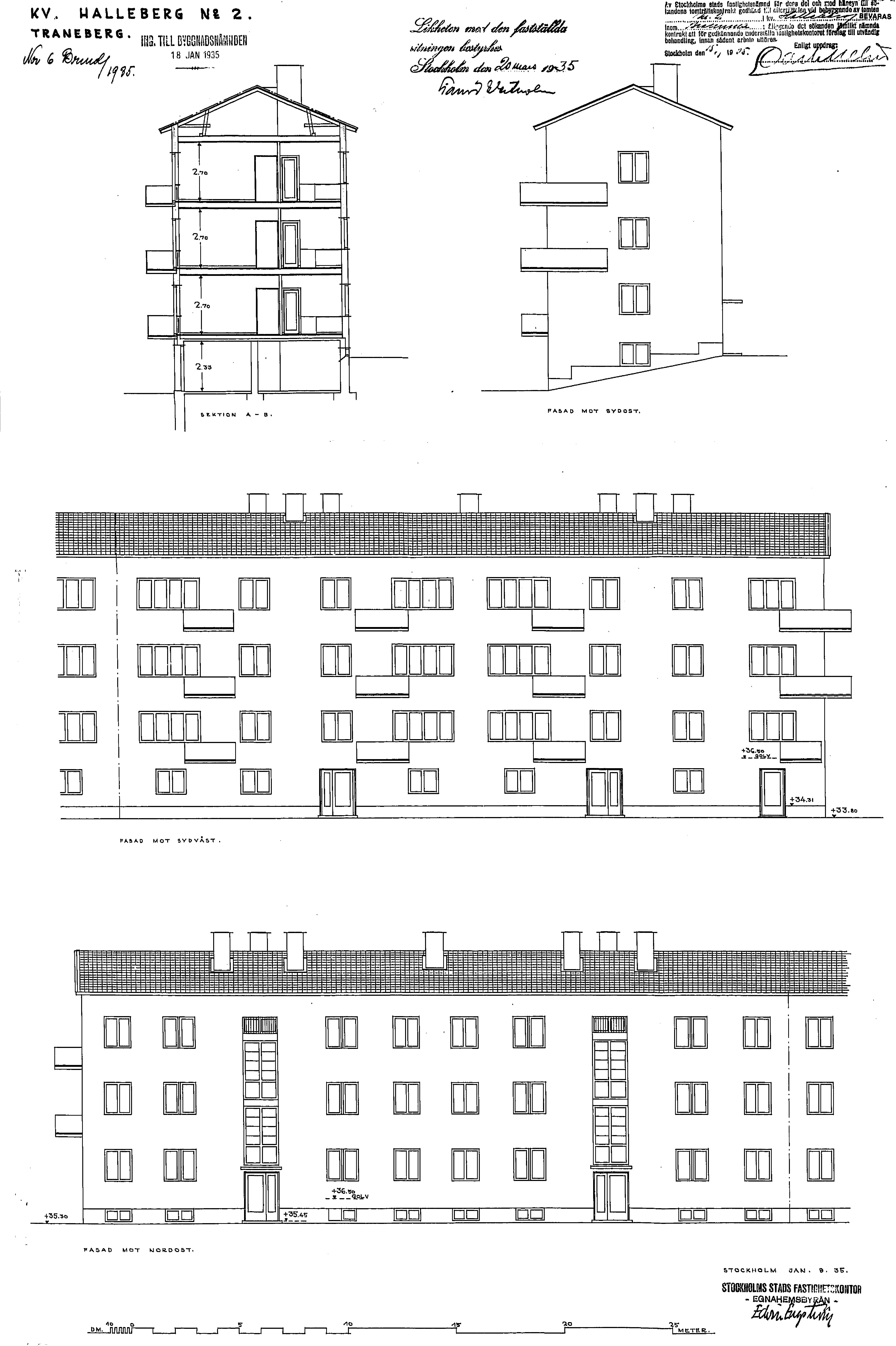Fasad- och sektionsritning av Edvin Engström, 1935